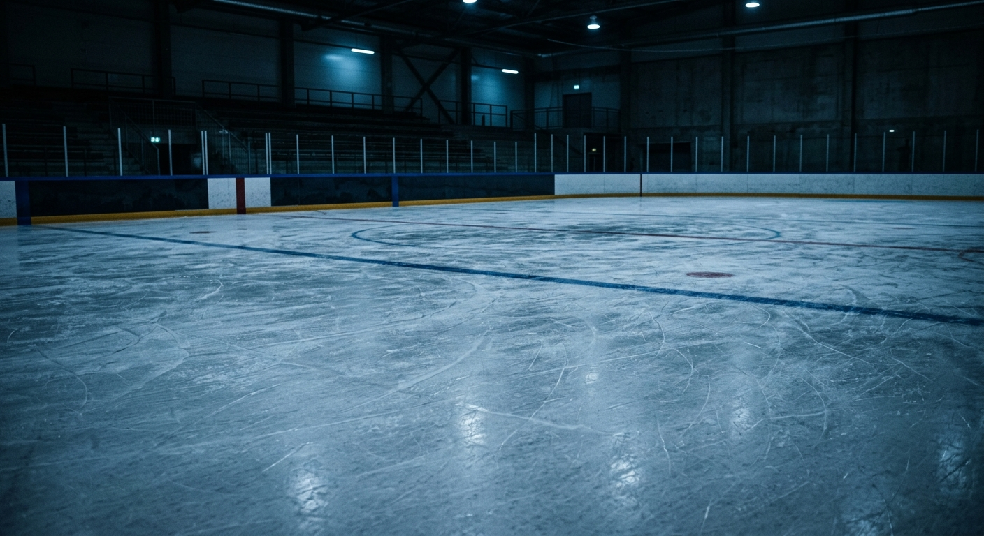 Empty ice rink inside an indoor sports arena