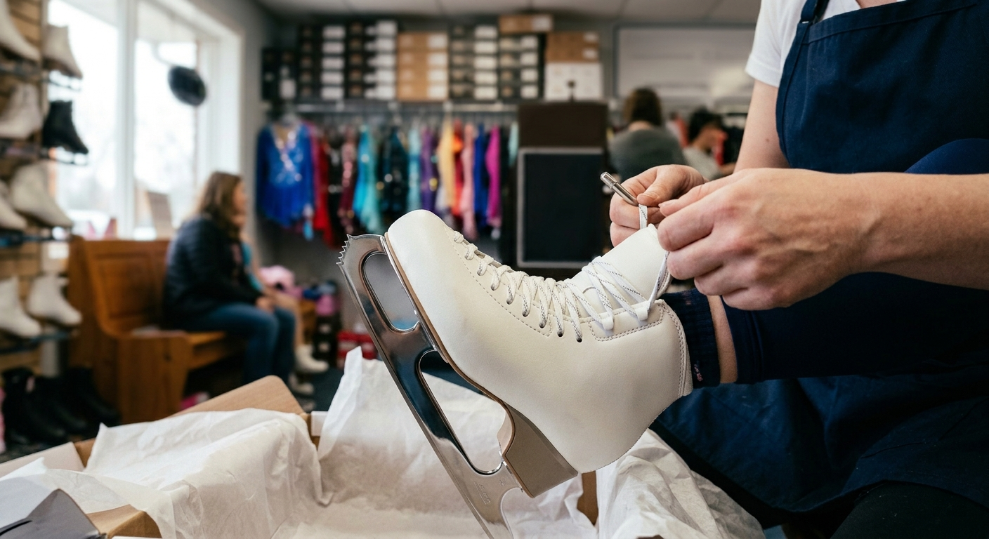 Person adjusting ice skates in a store setting